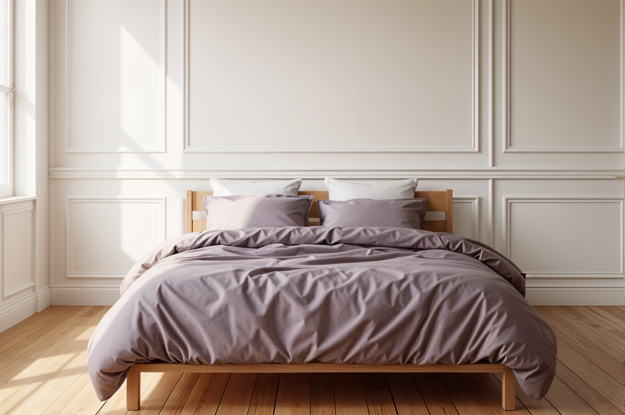Plum luxury organic duvet cover and pillowscases on a bed with a neutral background by House of March