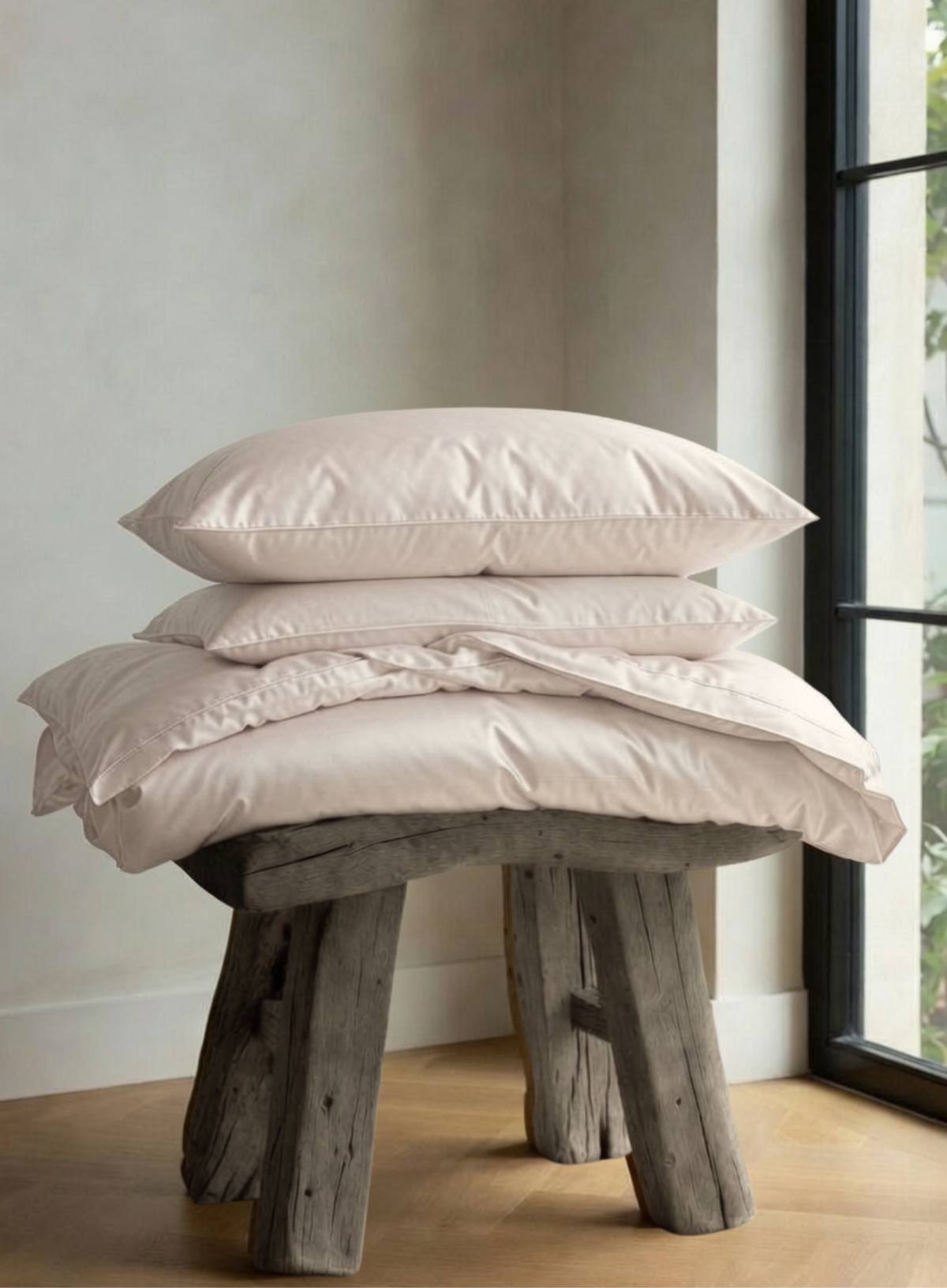 Stack of pillows and duvet cover on a wooden stool against a neutral wall.