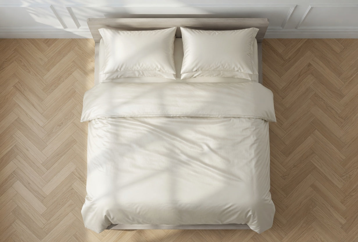 Bedroom with a wooden bed frame and white bedding against a light-colored wall. House of March clotted cream bed linen on the bed and photo is top down