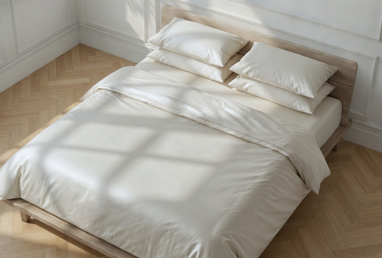 Bedroom with a wooden bed frame and white bedding against a light-colored wall. House of March clotted cream bed linen on the bed and bed is at an angle