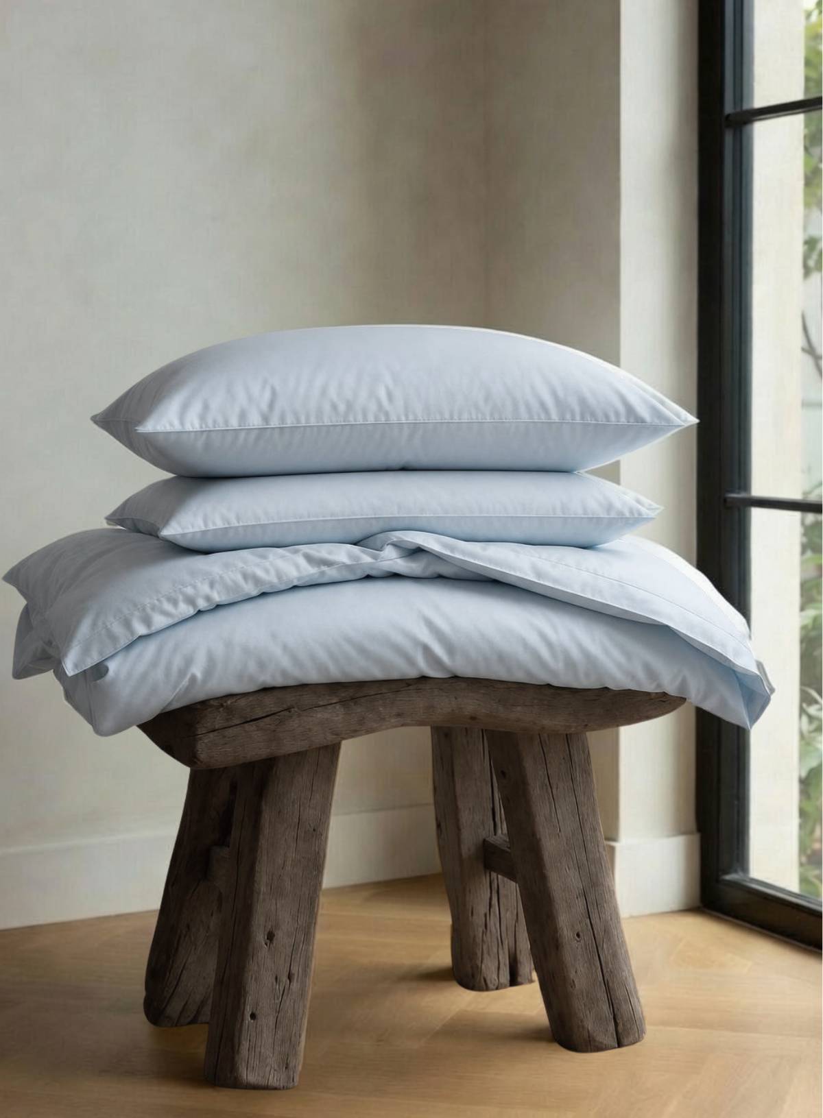 Stack of light blue bedding on a wooden stool against a neutral wall.