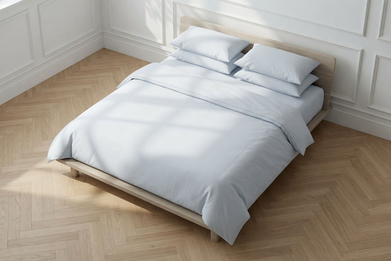 Bed with GOTS certified organic pale blue bedding and pillows on a wooden floor in a room with white walls.