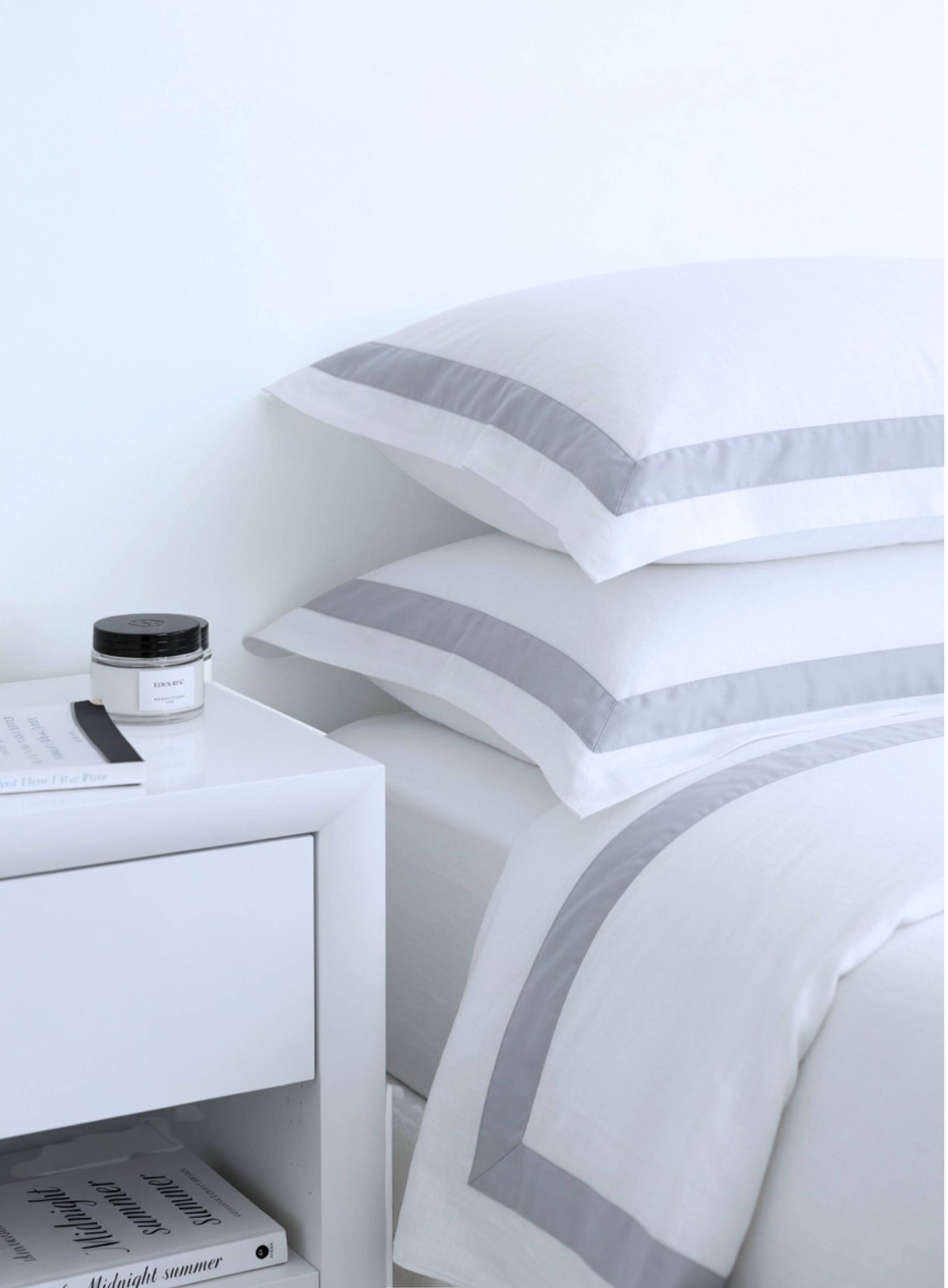 house of March GOTS certified organic bed linens in banded sky blue and white cotton