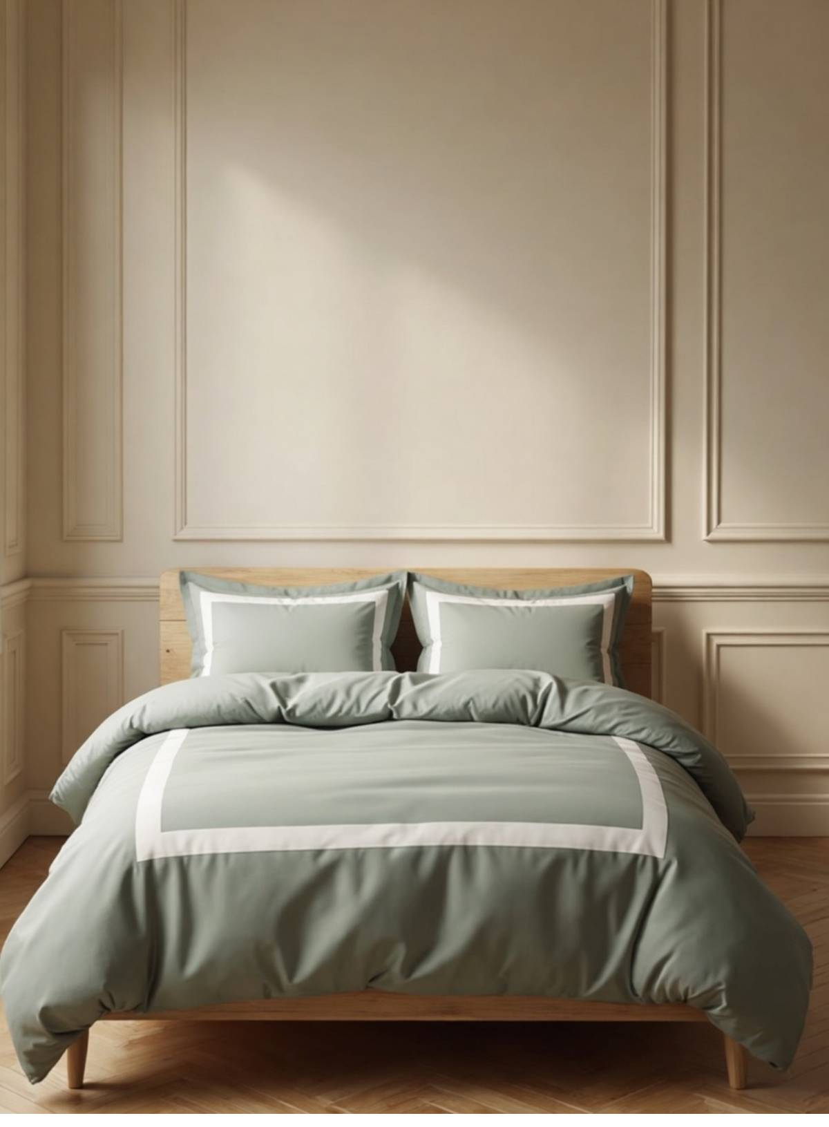 Bedroom with a wooden bed frame and sage green bedding. House of march banded bedding - light room