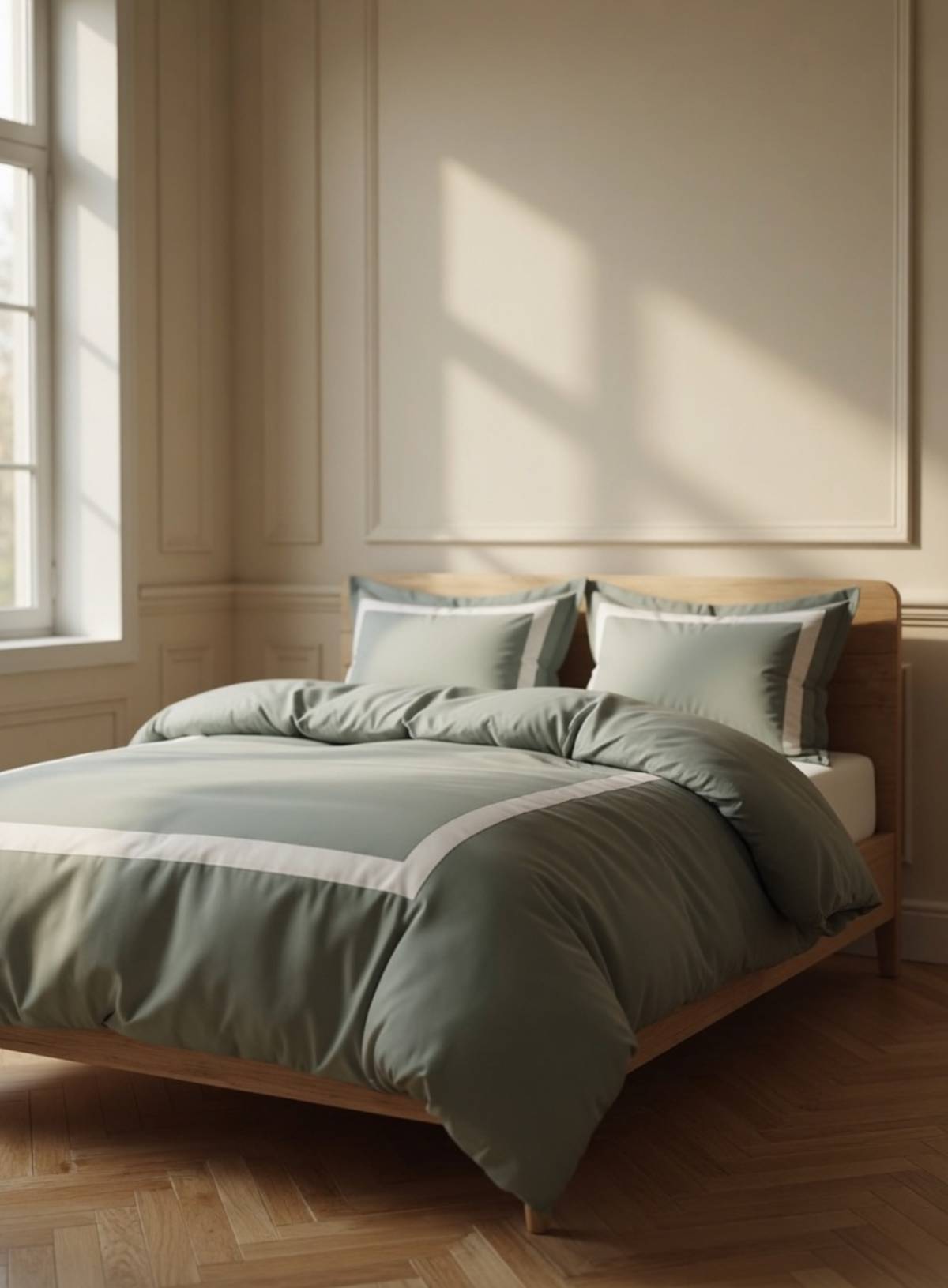 Bedroom with a wooden bed frame and green bedding. House of march banded bedding.