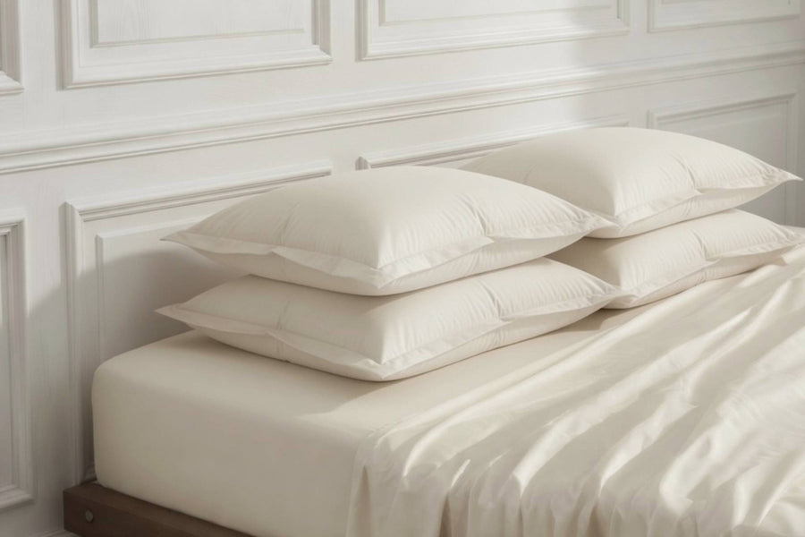 oxford border pillowcase in clotted cream coloured organic percale cotton. 