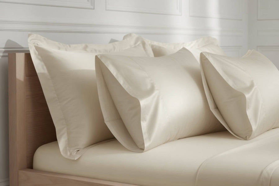 House of March clotted cream pillowcases on a bed in an airy room. 