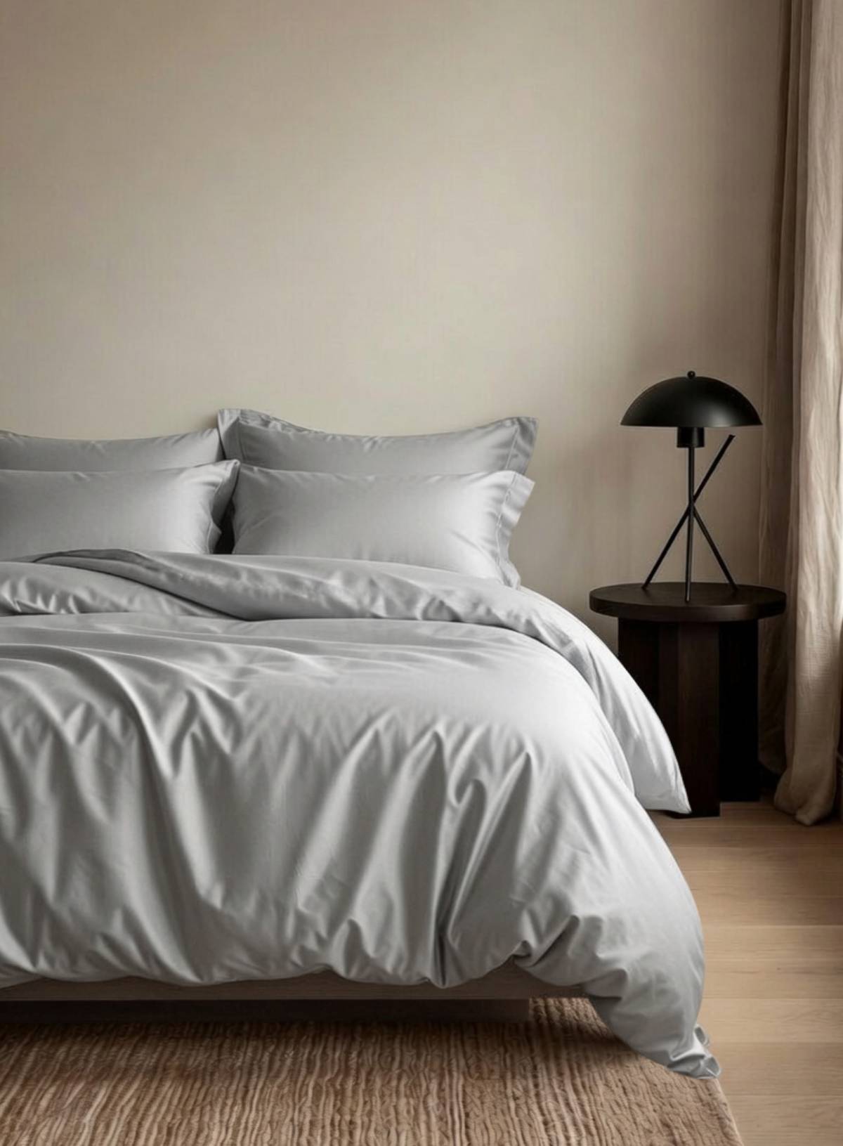 Neatly made bed with light gray bedding in a bedroom setting.