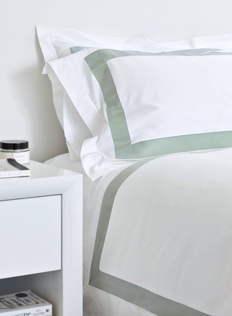 House of March banded bedding duvet cover and pillowcases in sea green organic cotton and white organic cotton