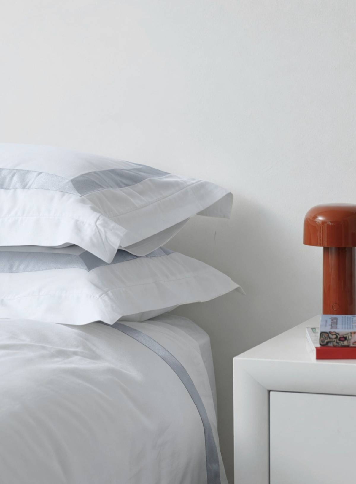 house of March GOTS certified organic bed linens in banded sky blue and white