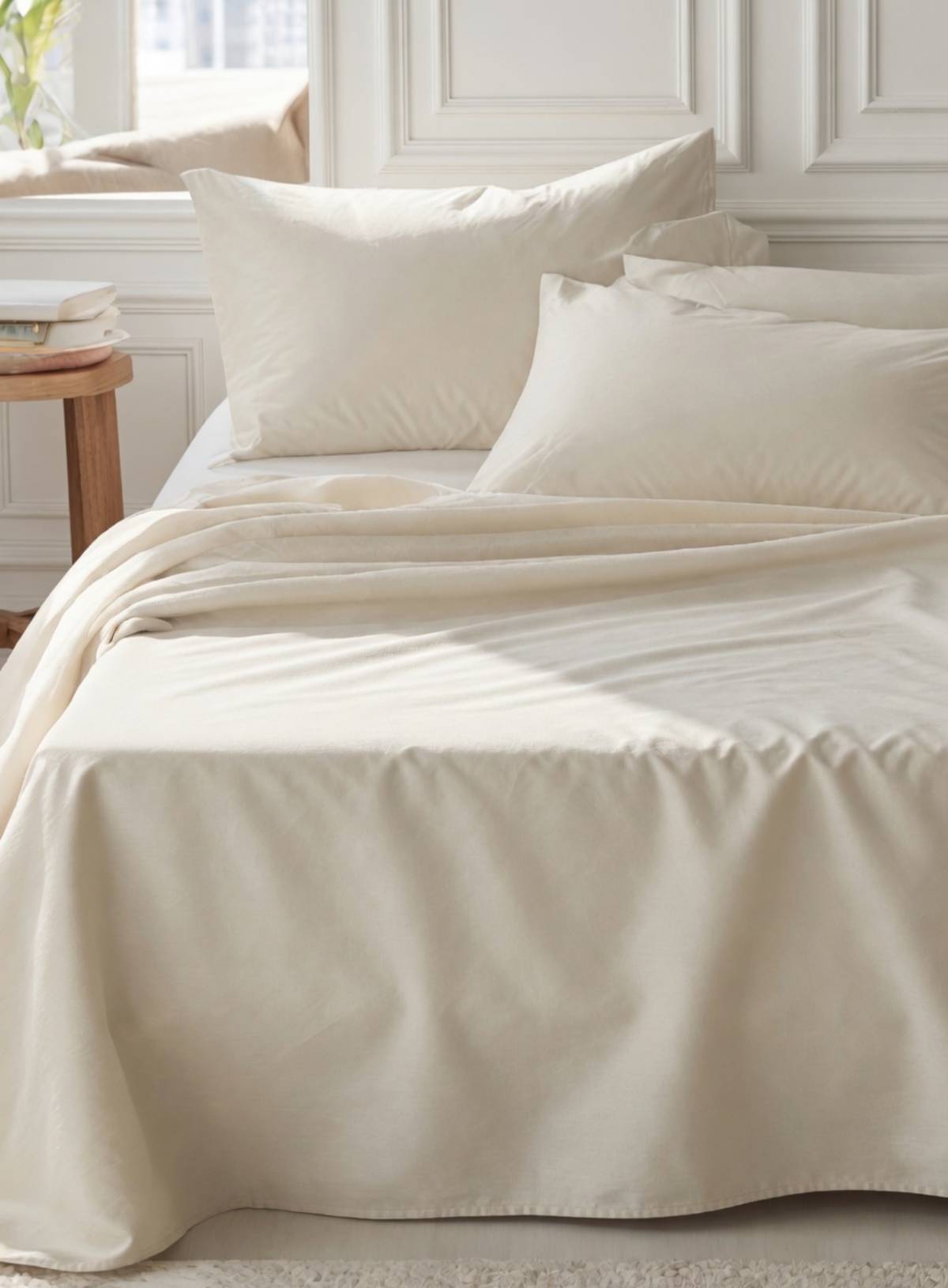 winter qhite pillowcases and flat sheet on a bed in an airy room