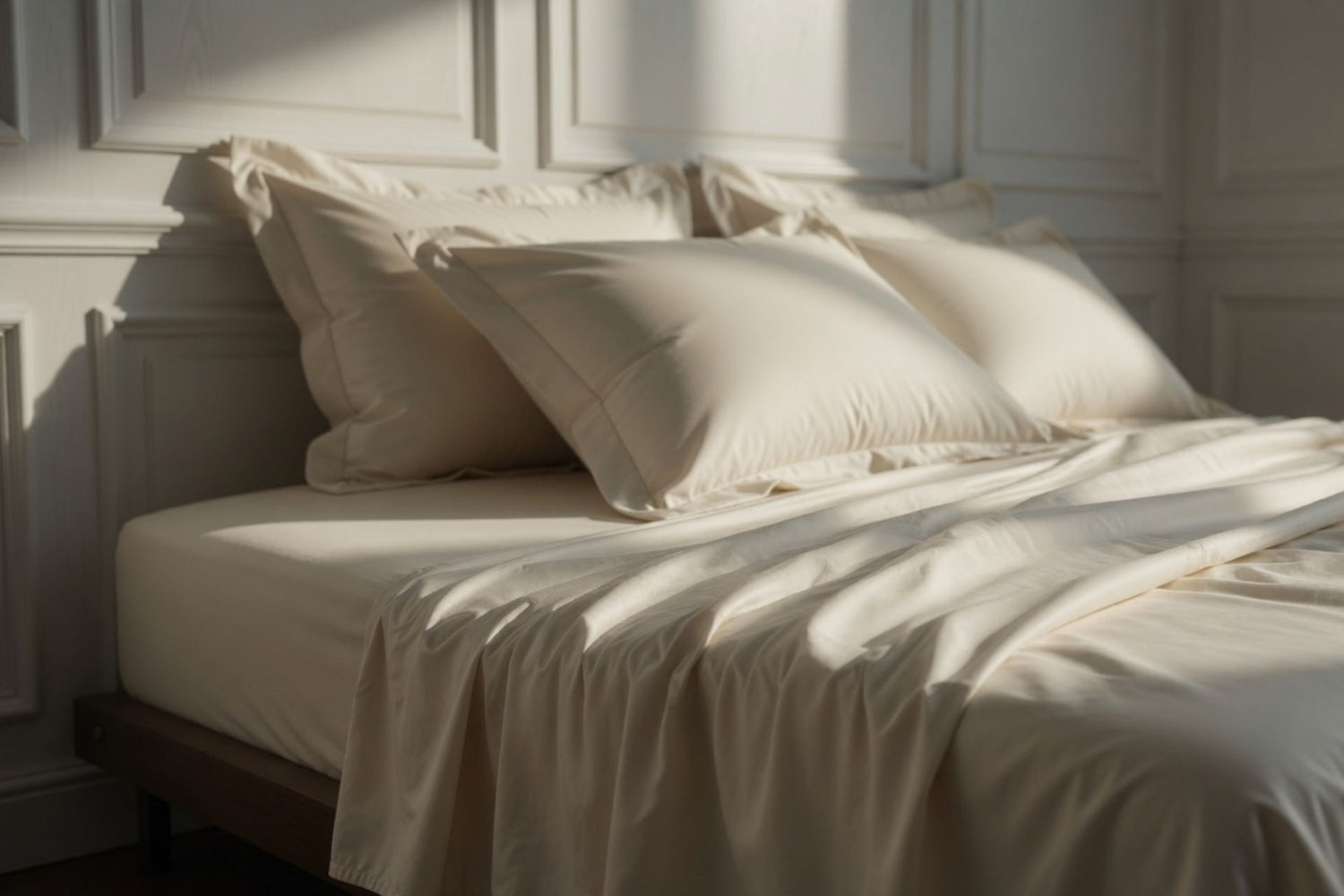 a bed with house of march winter white cream bed linens in sateen cotton at night