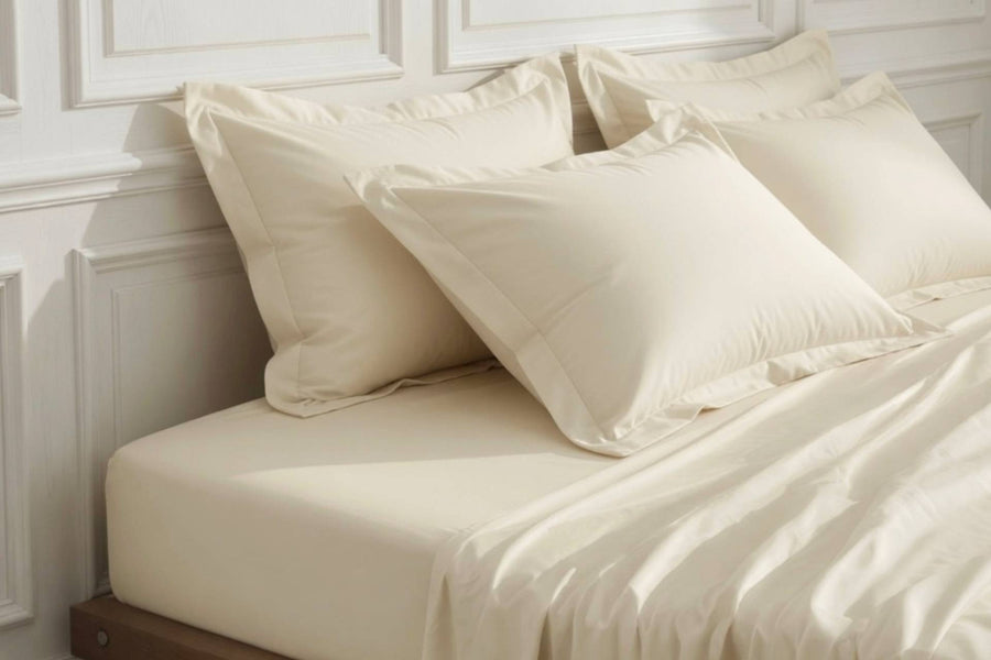 a bed with house of march winter white cream bed linens in sateen cotton
