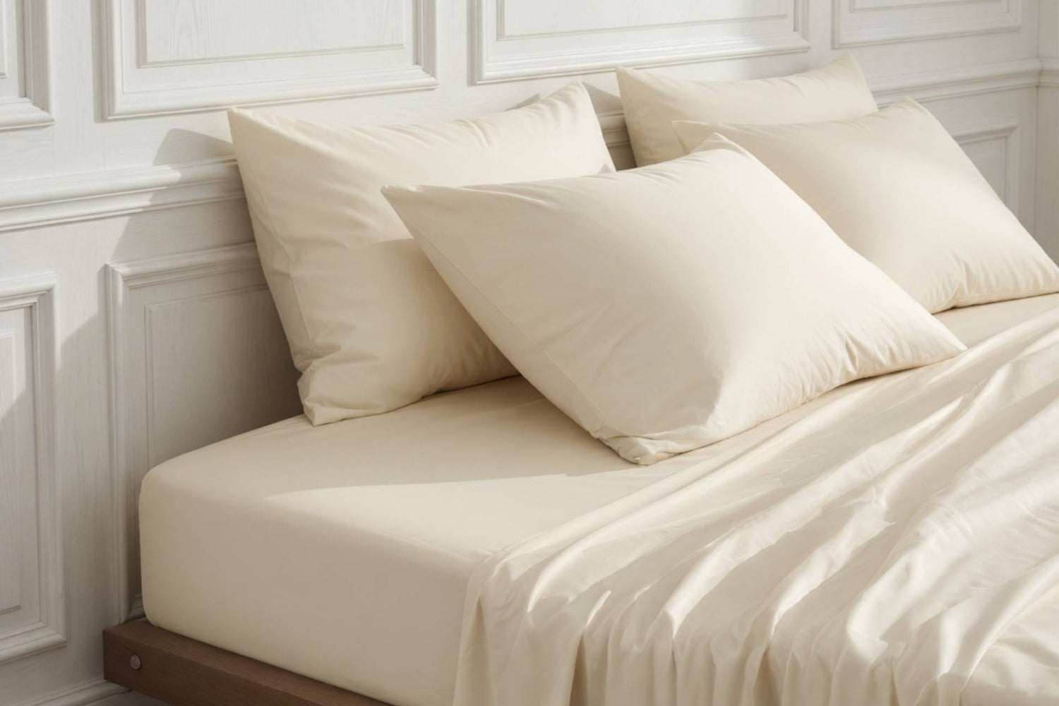 An image of a bed and organic sheets and pillowcases in house of march winter white
