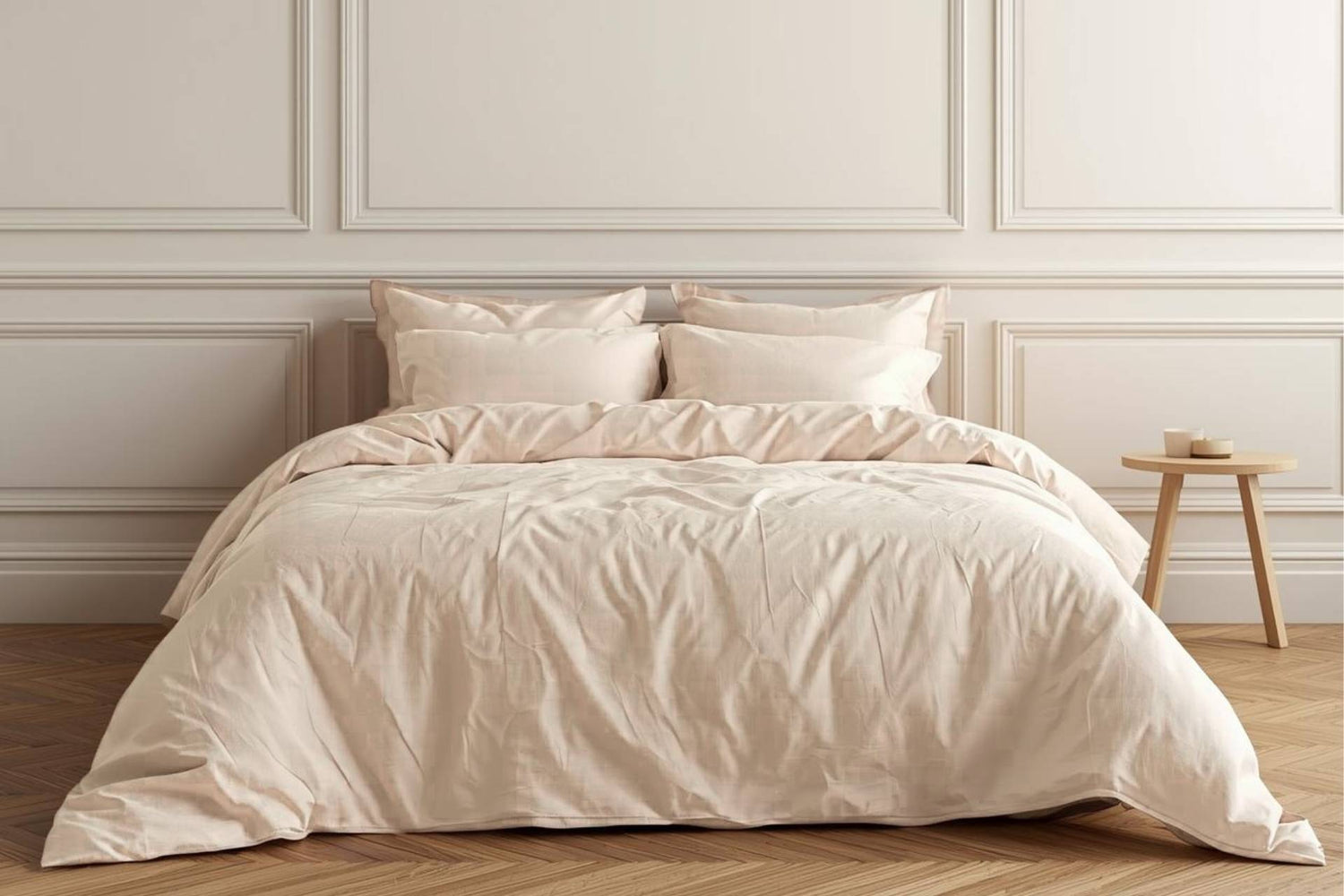 blush pink organic house of march comforter set on a bed in a minimalistic bedroom with wooden flooring and white walls.