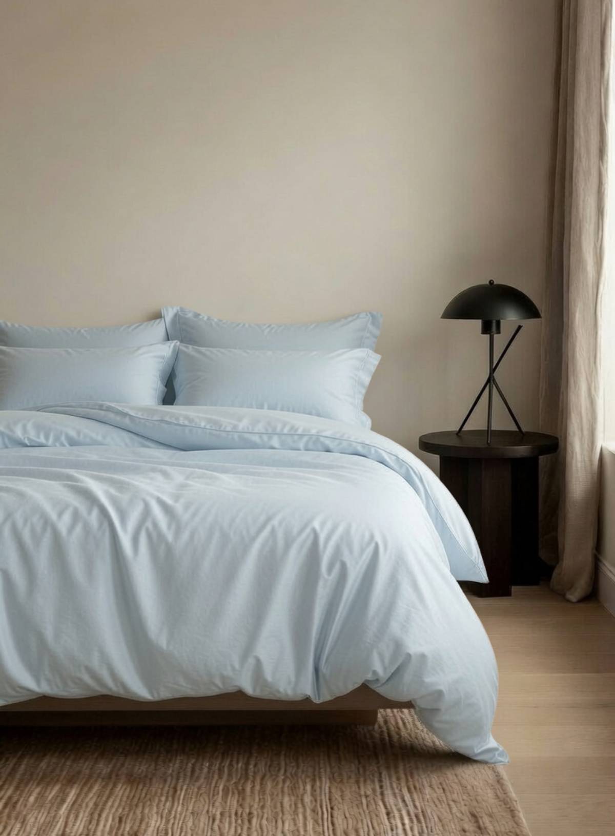Neatly made bed with light blue bedding in a bedroom setting. House of march organic bedding