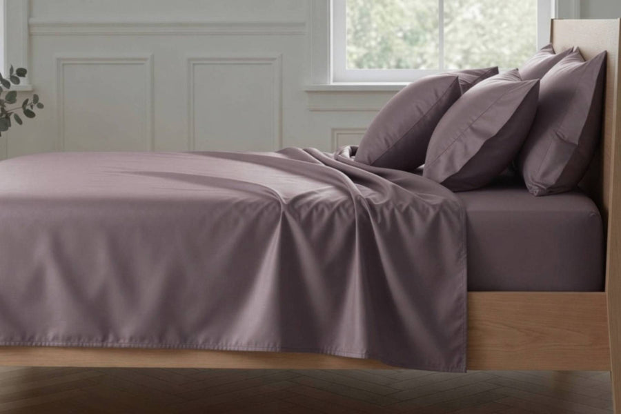 plum fitted sheet on a bed in an airy room