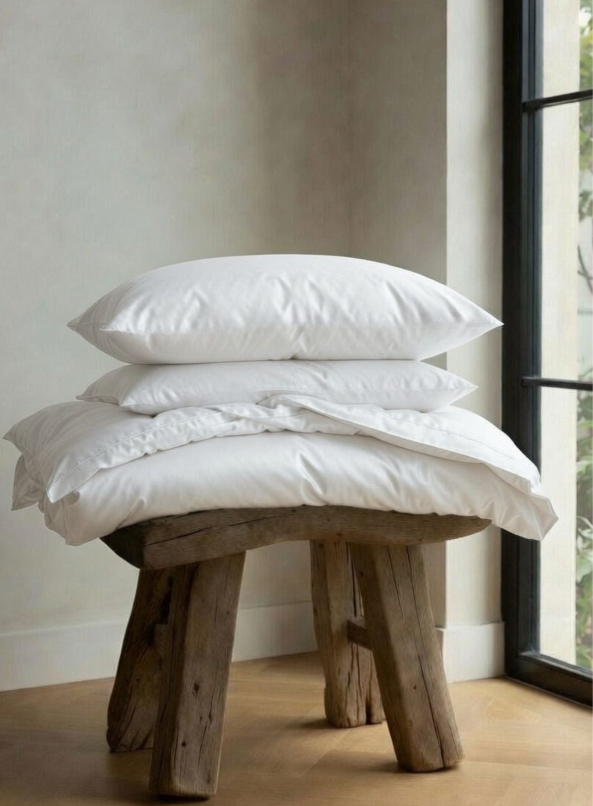 Stack of white pillows and duvet on a wooden stool against a neutral wall.