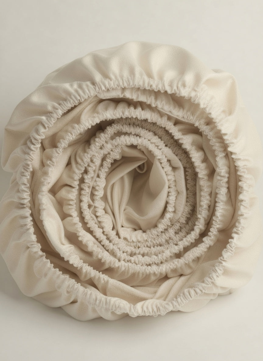 Rolled-up cream fitted sheet on a light gray background