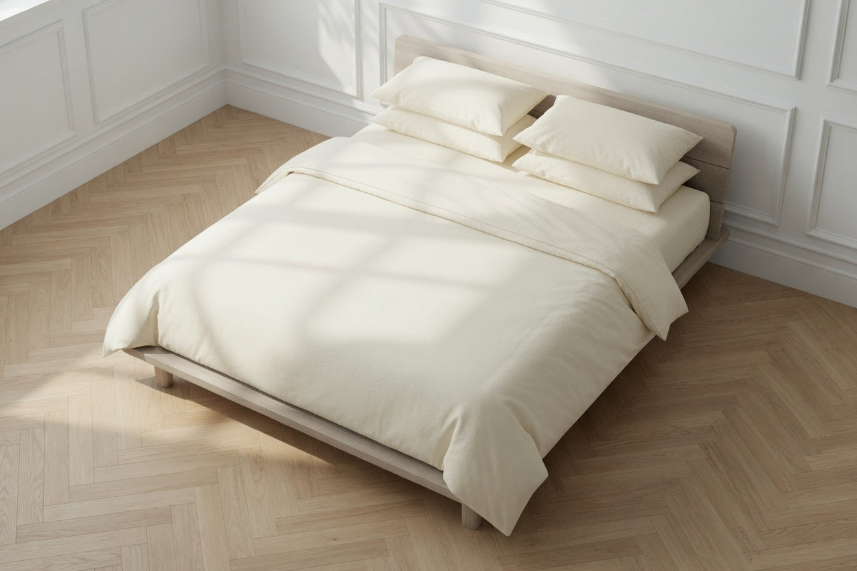 Cream-colored bedding set including a duvet cover and four pillows, neatly arranged on a light wood platform bed in a bright, modern bedroom with white paneled walls and a herringbone wood floor.