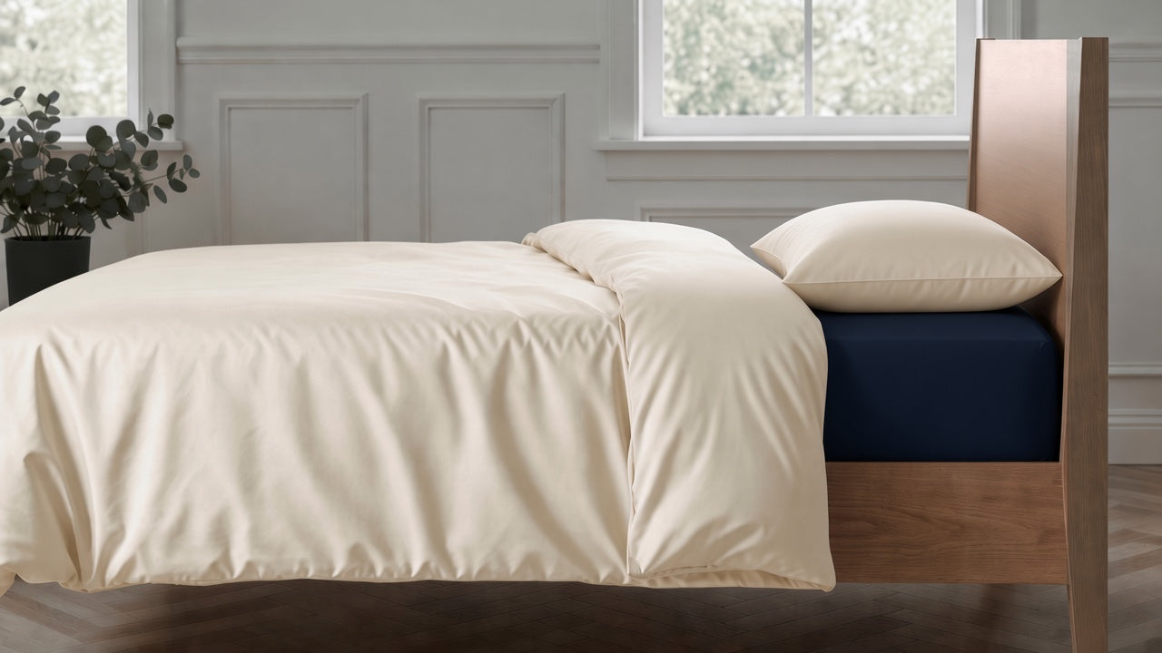 Clotted Cream duvet cover and pillowcase with Navy 2026 sheets