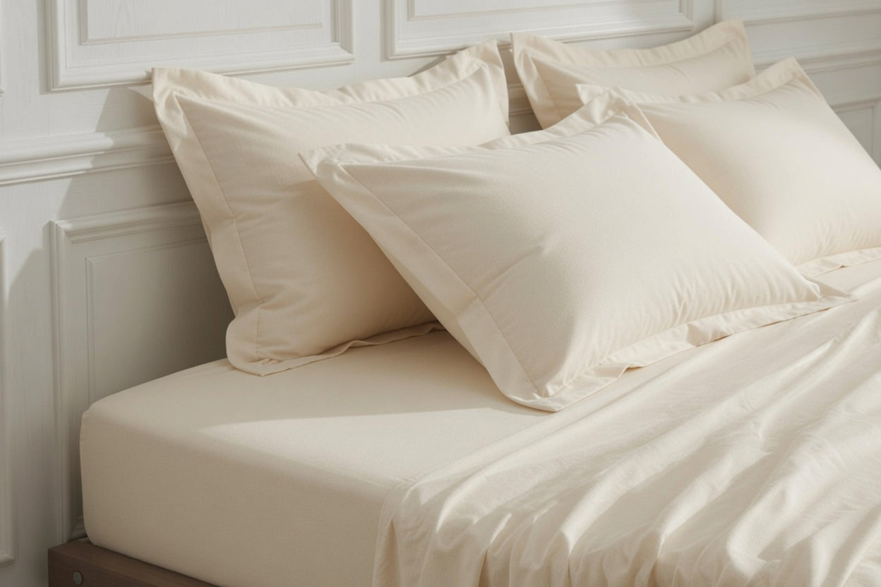 Cream-colored bed sheets and matching pillowcases neatly arranged on a bed against a white paneled wall. Organic Certified