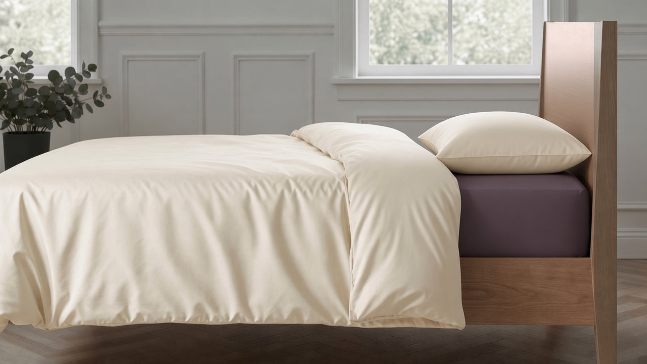 Clotted Cream duvet cover and pillowcase with Plum sheets