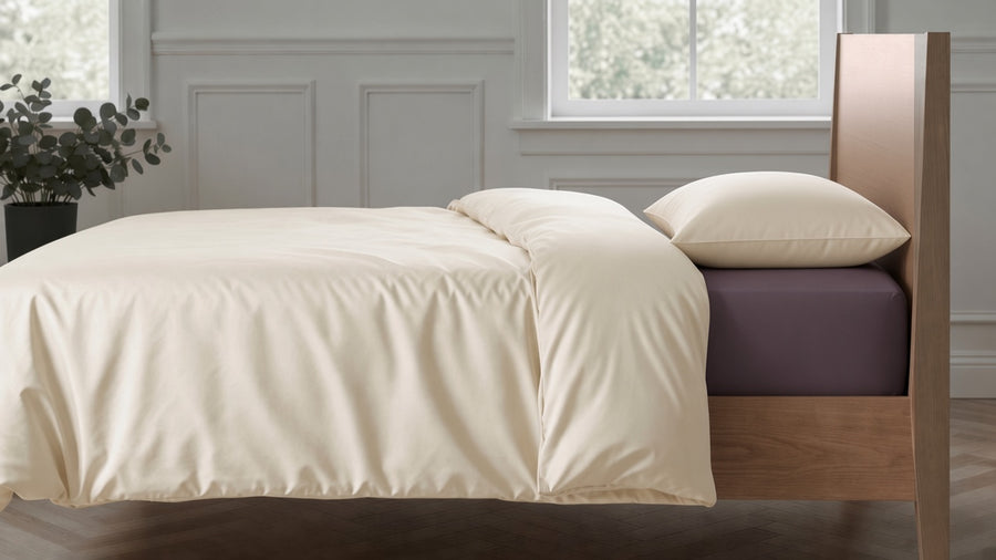 Clotted Cream duvet cover and pillowcase with Plum sheets