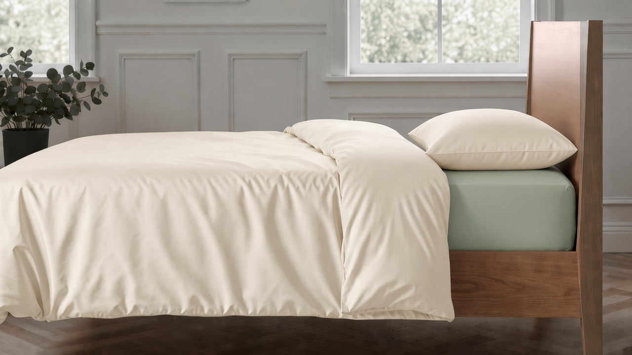 Clotted Cream duvet cover and pillowcase with Sage sheets