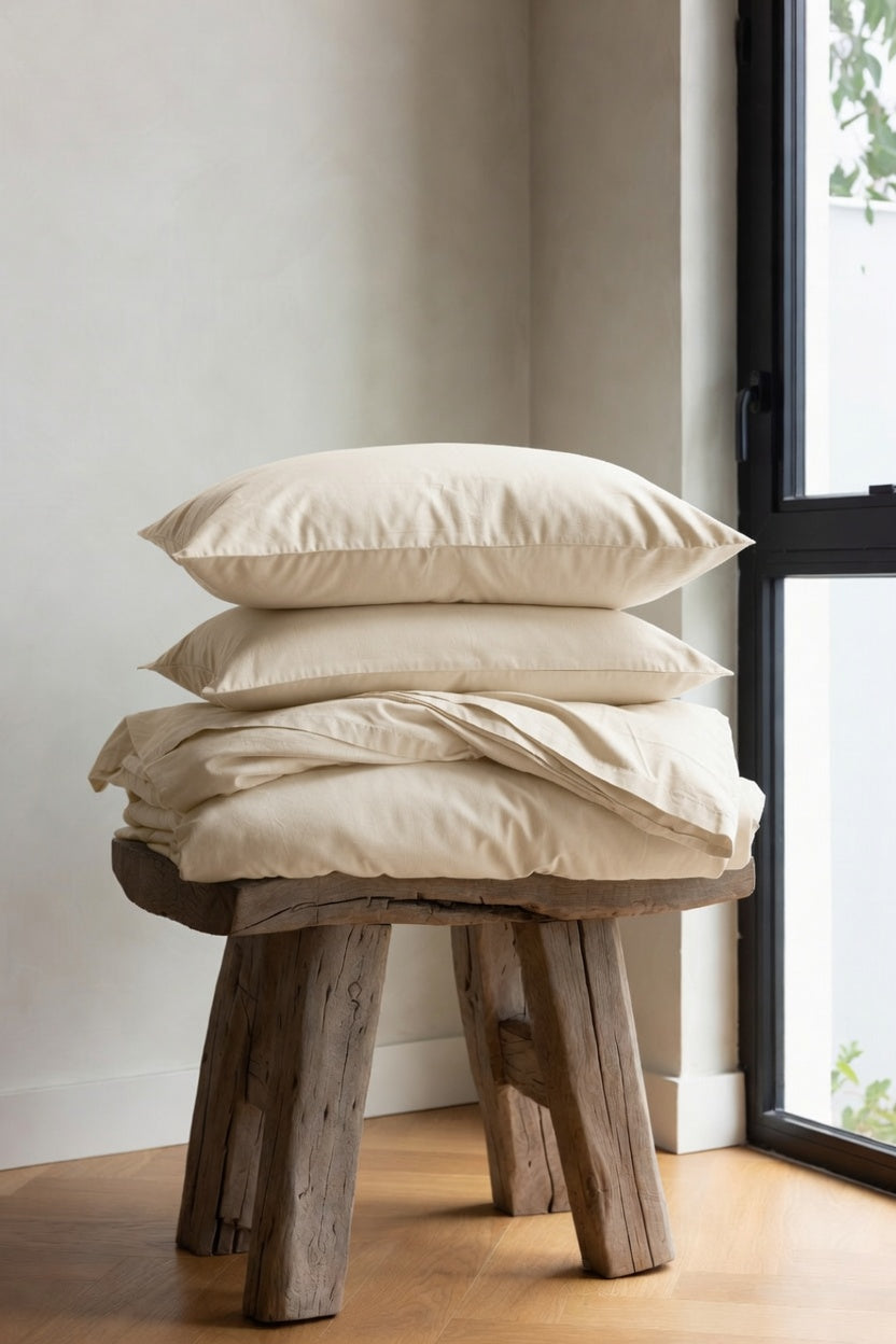 Three stacked cream-colored pillows and matching folded bedding on a rustic wooden stool in a bright room with a window.