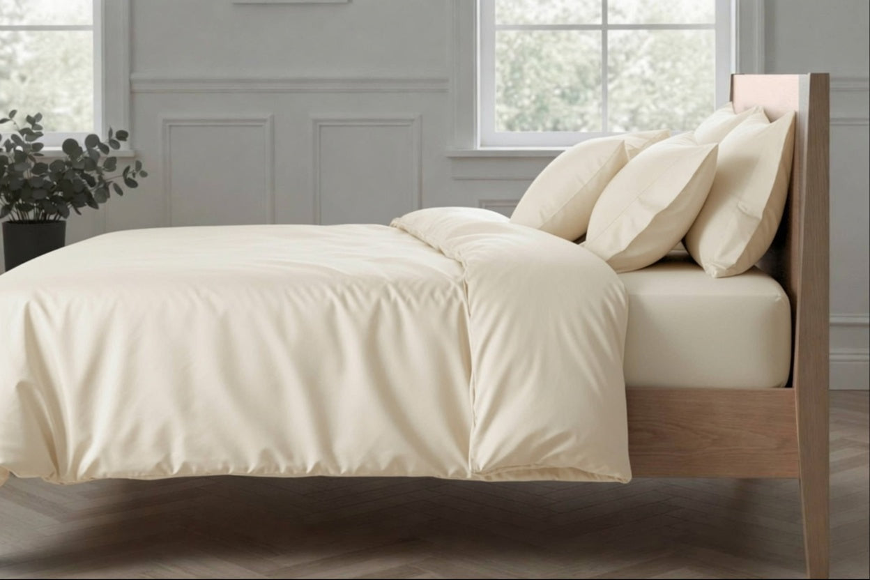 A neatly made bed with cream-colored bedding, including a duvet cover and four matching pillows, set against a light gray paneled wall with a window and a wooden headboard.