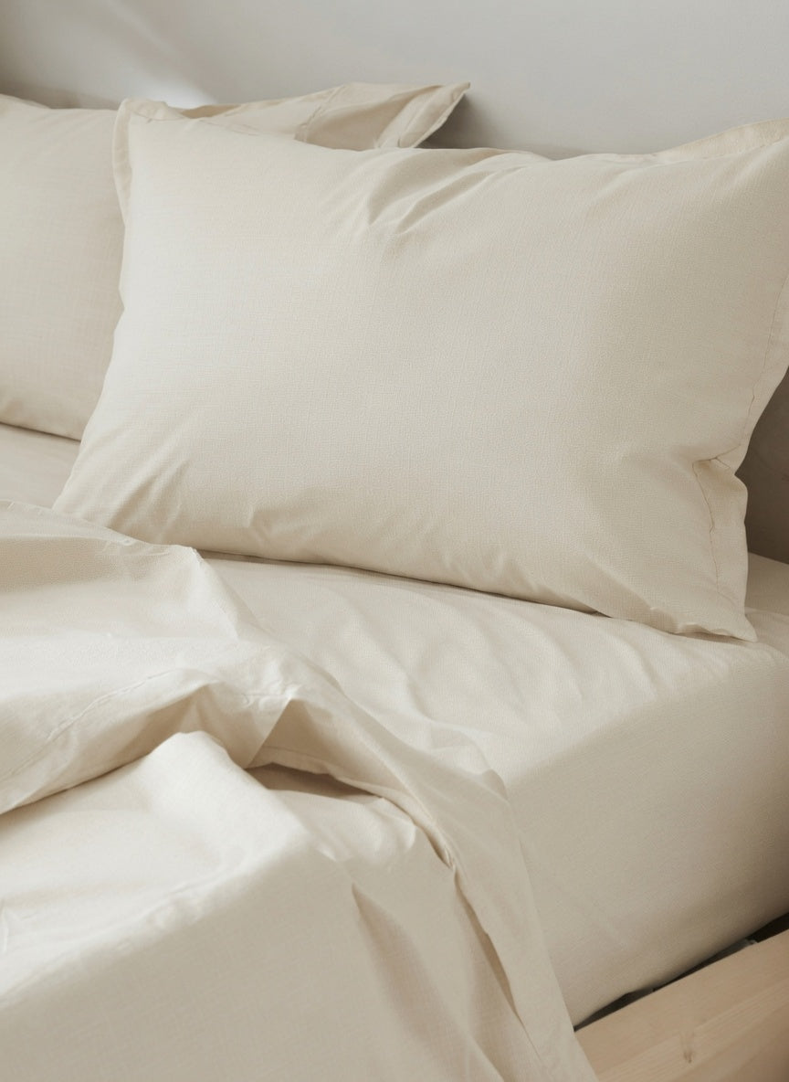 Cream-colored cotton sheet and pillowcase set on a bed, featuring a single large pillow and rumpled duvet against a neutral background.