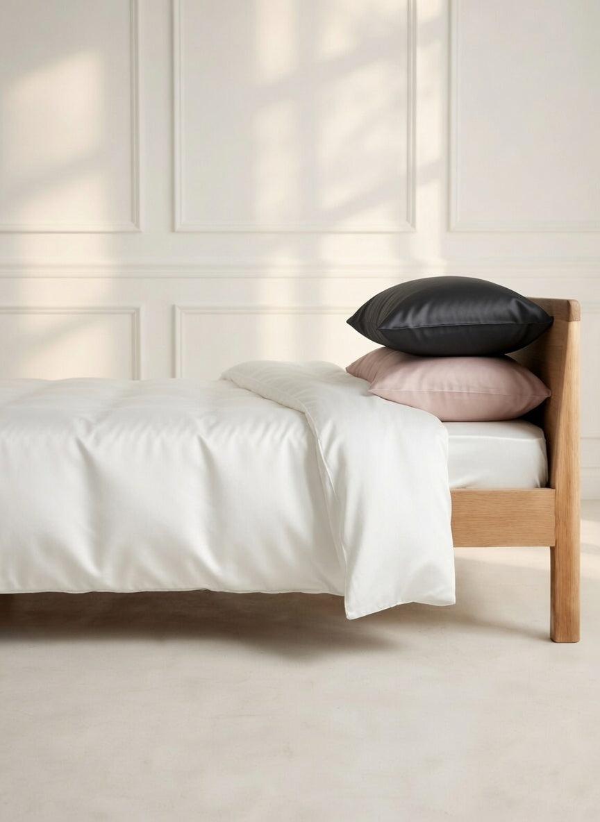 Bed with white bedding and three pillows against a light-colored wall.