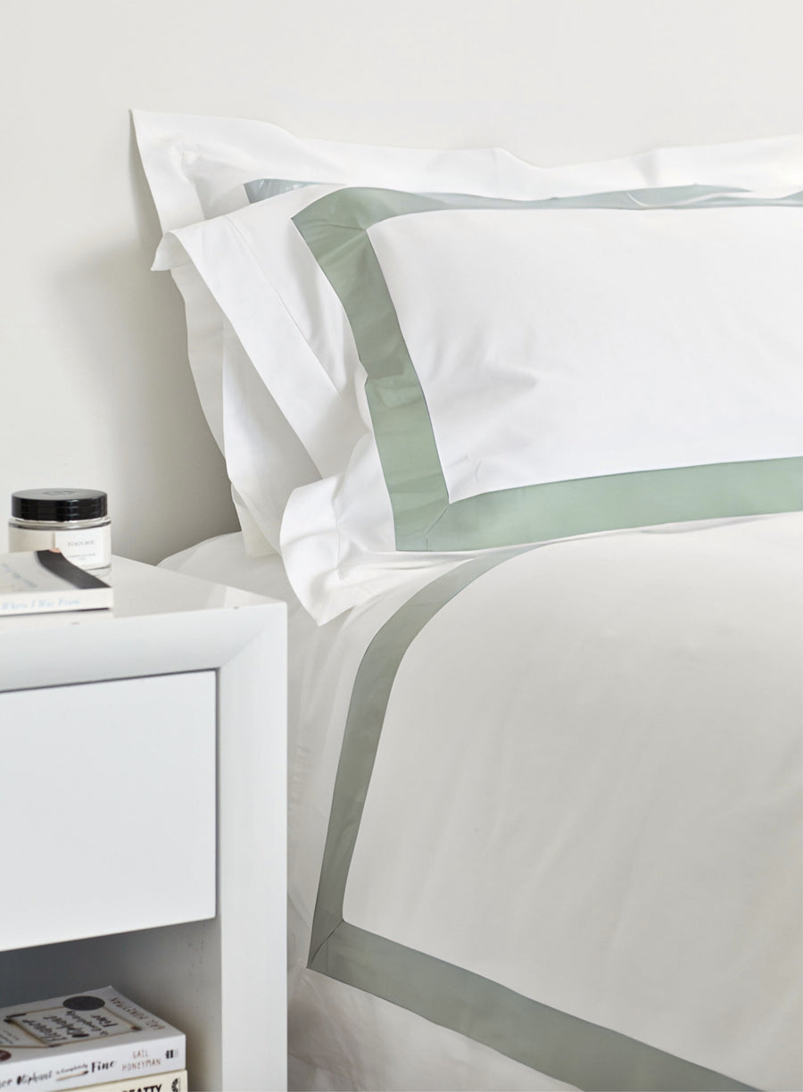 luxury banded sage and white organic duvet cover and pillowcases by House Of March