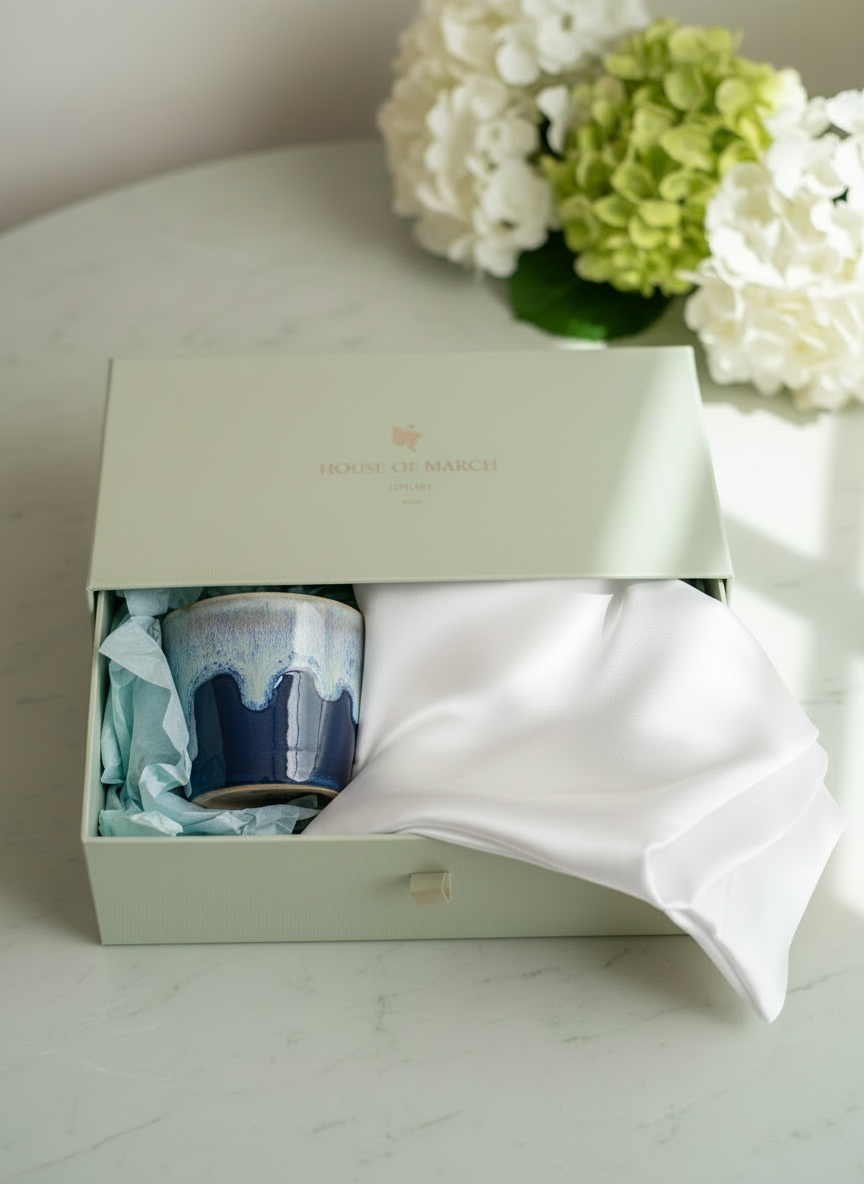 Coffee Cup Candle & White Organic Cotton Pillowcase Pair - Gift Box