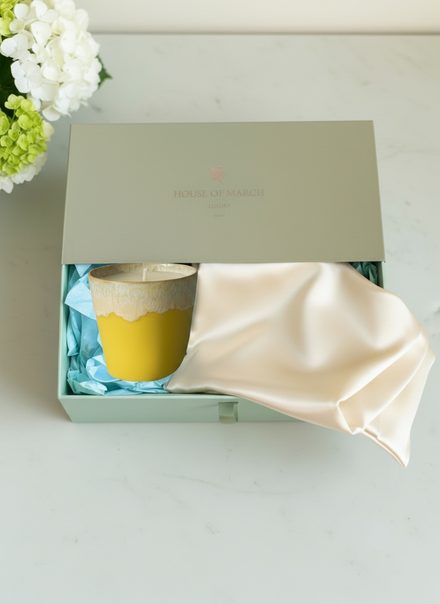 Coffee Cup Candle & White Mulberry Silk Pillowcase - Gift Box