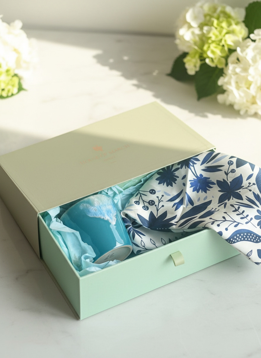 Coffee Cup Candle & Navy Flower Mulberry Silk Pillowcase - Gift Box