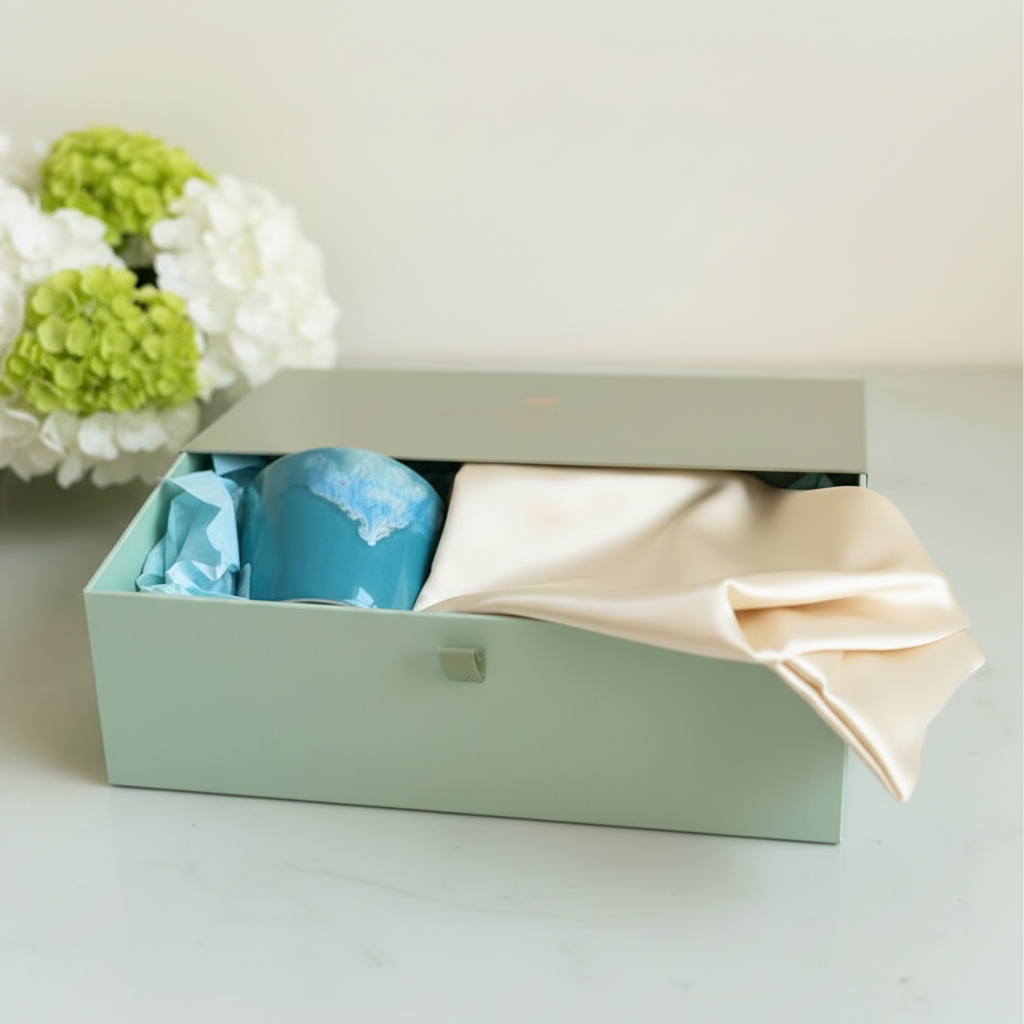 Coffee Cup Candle & White Mulberry Silk Pillowcase - Gift Box