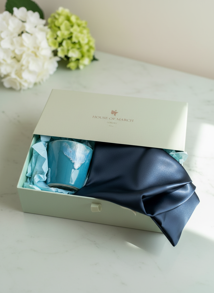 Coffee Cup Candle & Midnight Blue Mulberry Silk Pillowcase - Gift Box