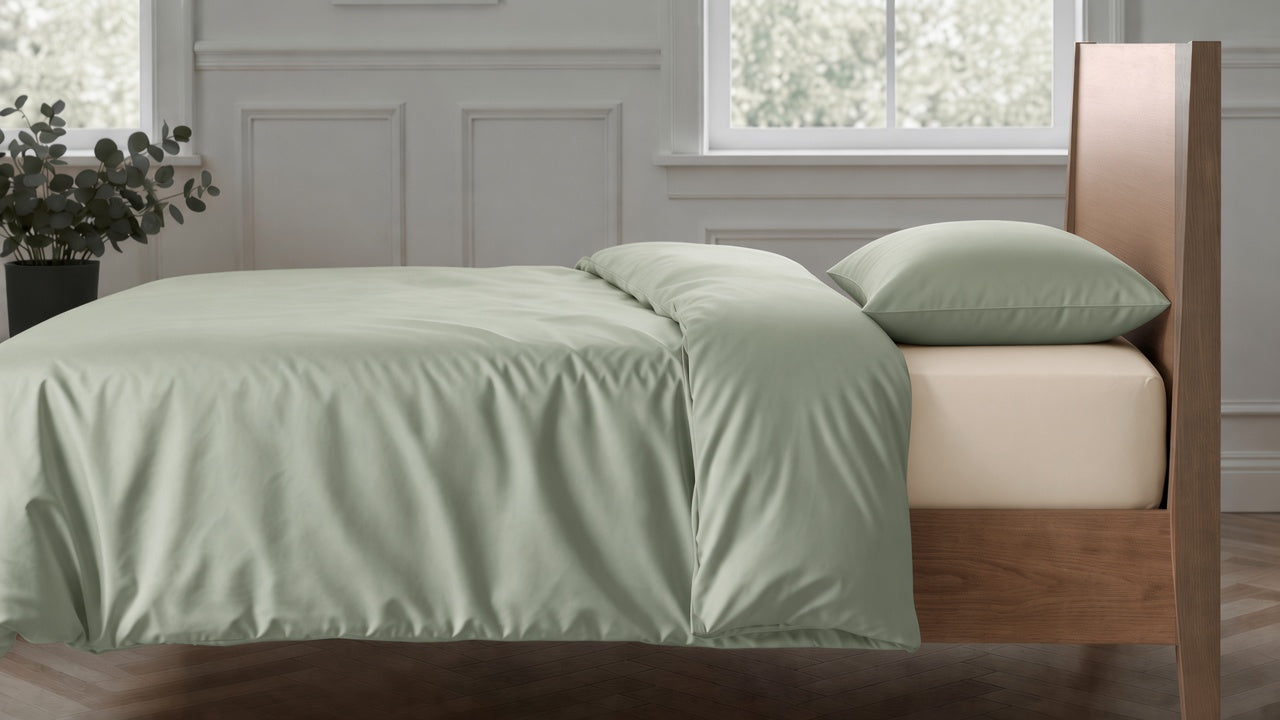 Sage duvet cover and pillowcase with Clotted Cream sheets