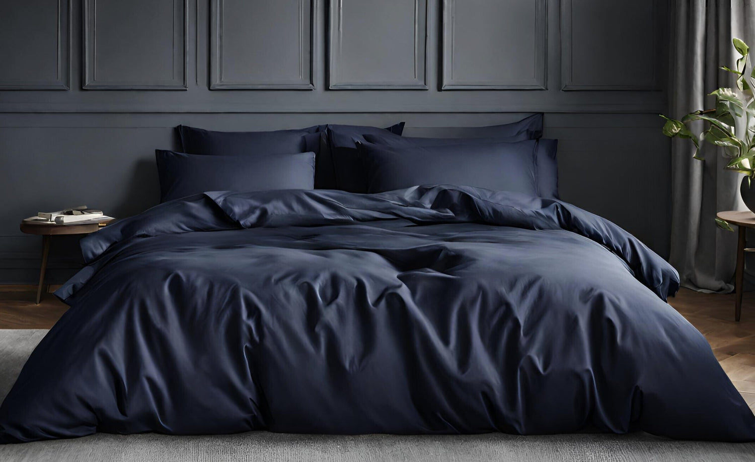 House of March Darkest Blue organic cotton duvet cover on bed by panelled wall
