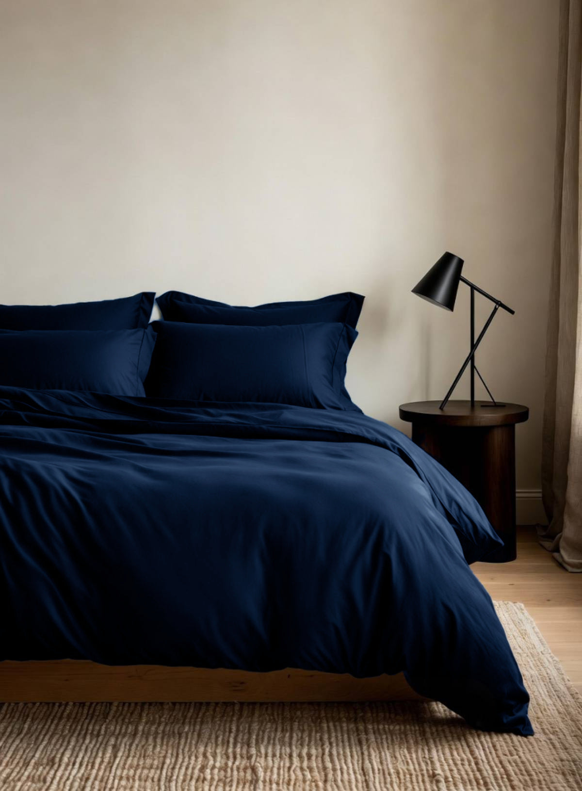 House of March Ink Blue organic cotton a bed with dark ink blue duvet cover beside a black lamp and side table