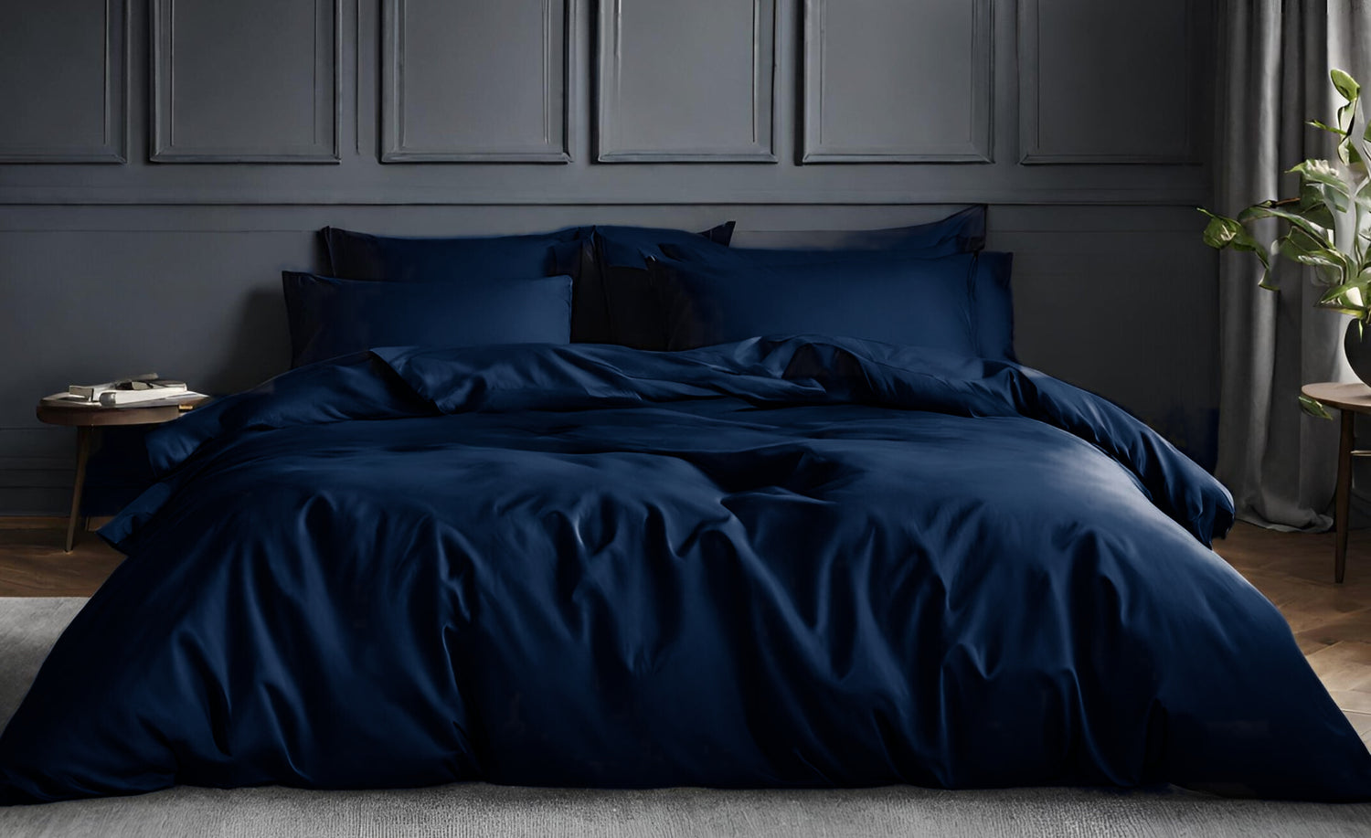 House of March Ink Blue organic cotton a bed with ink blue duvet cover against a panelled wall