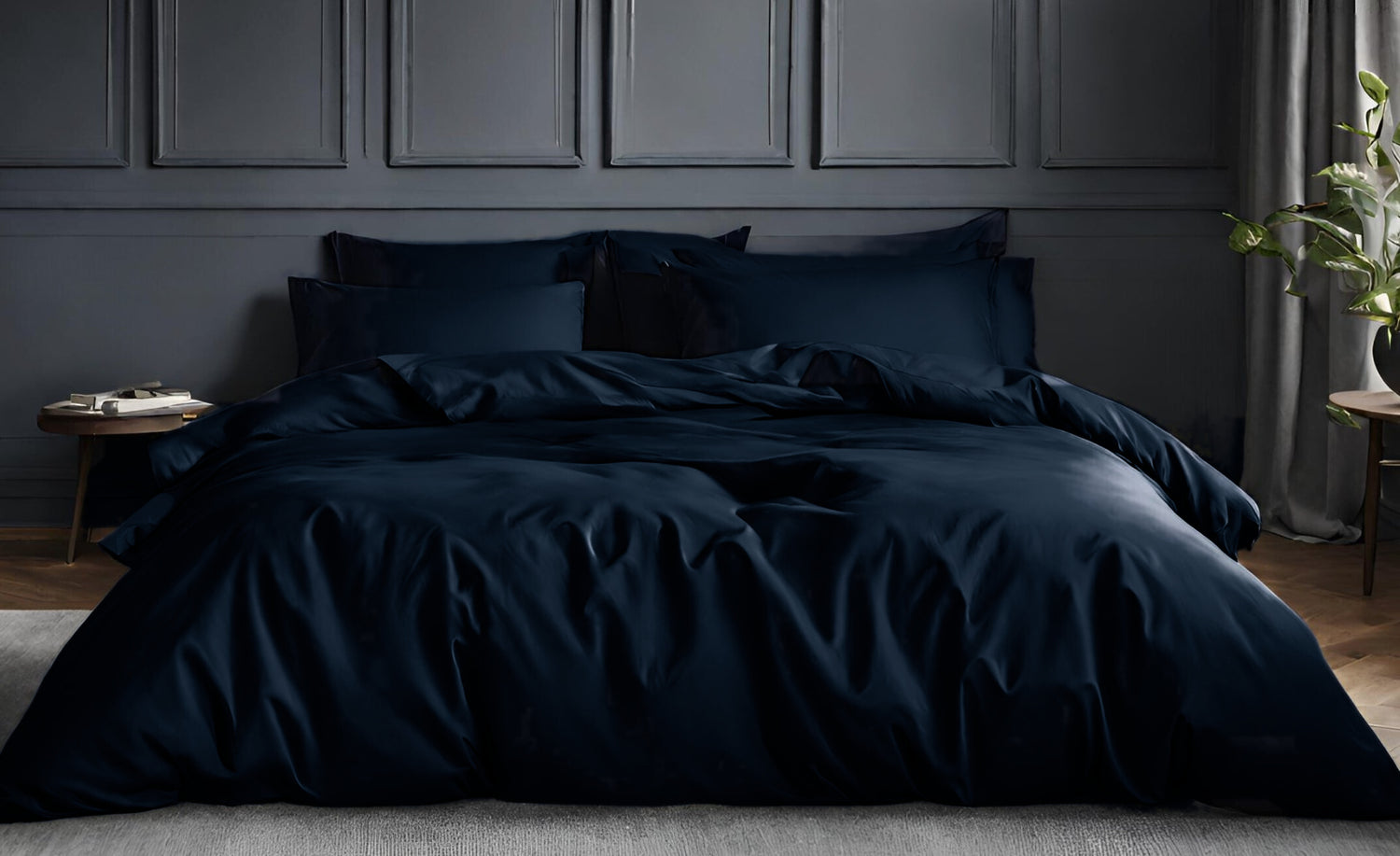 House of March Navy 2026 organic cotton duvet cover on a bed against a panelled wall