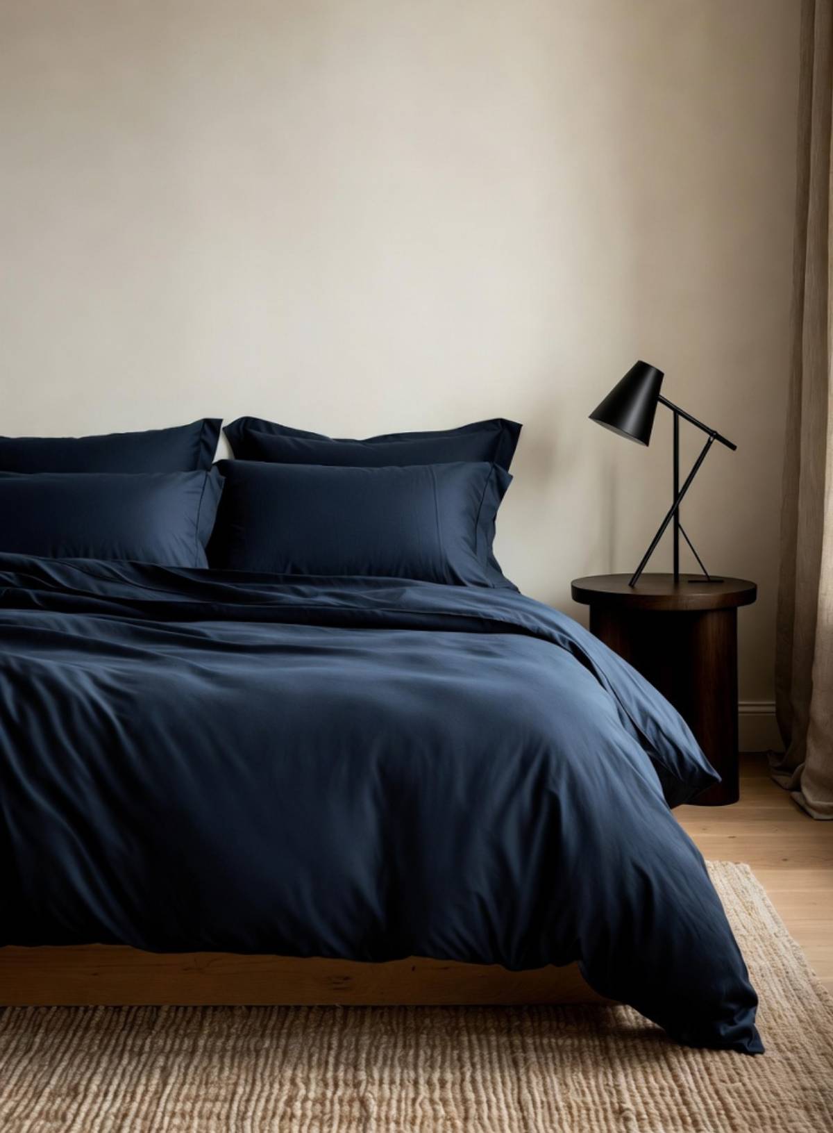 Navy blue bedding set on a bed in a bedroom with a lamp and side table.
