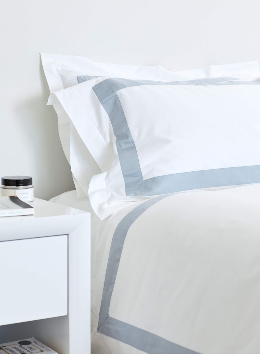 PRE ORDER - Banded Duvet Cover + Pillowcases - Sky Blue & White | 100% Organic Certified Cotton