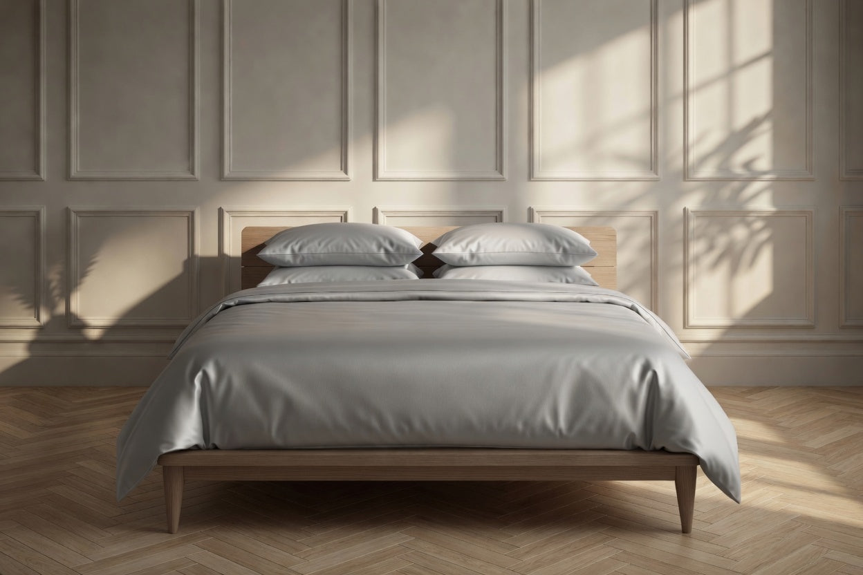 Bed with gray bedding and pillows in a room with wooden flooring and paneled walls.