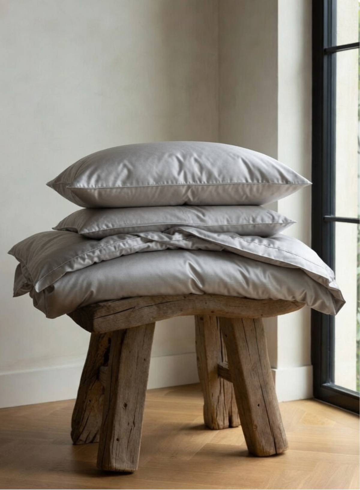 Stack of pillows and a duvet cover in silvery grey organic cotton a wooden stool against a neutral wall.