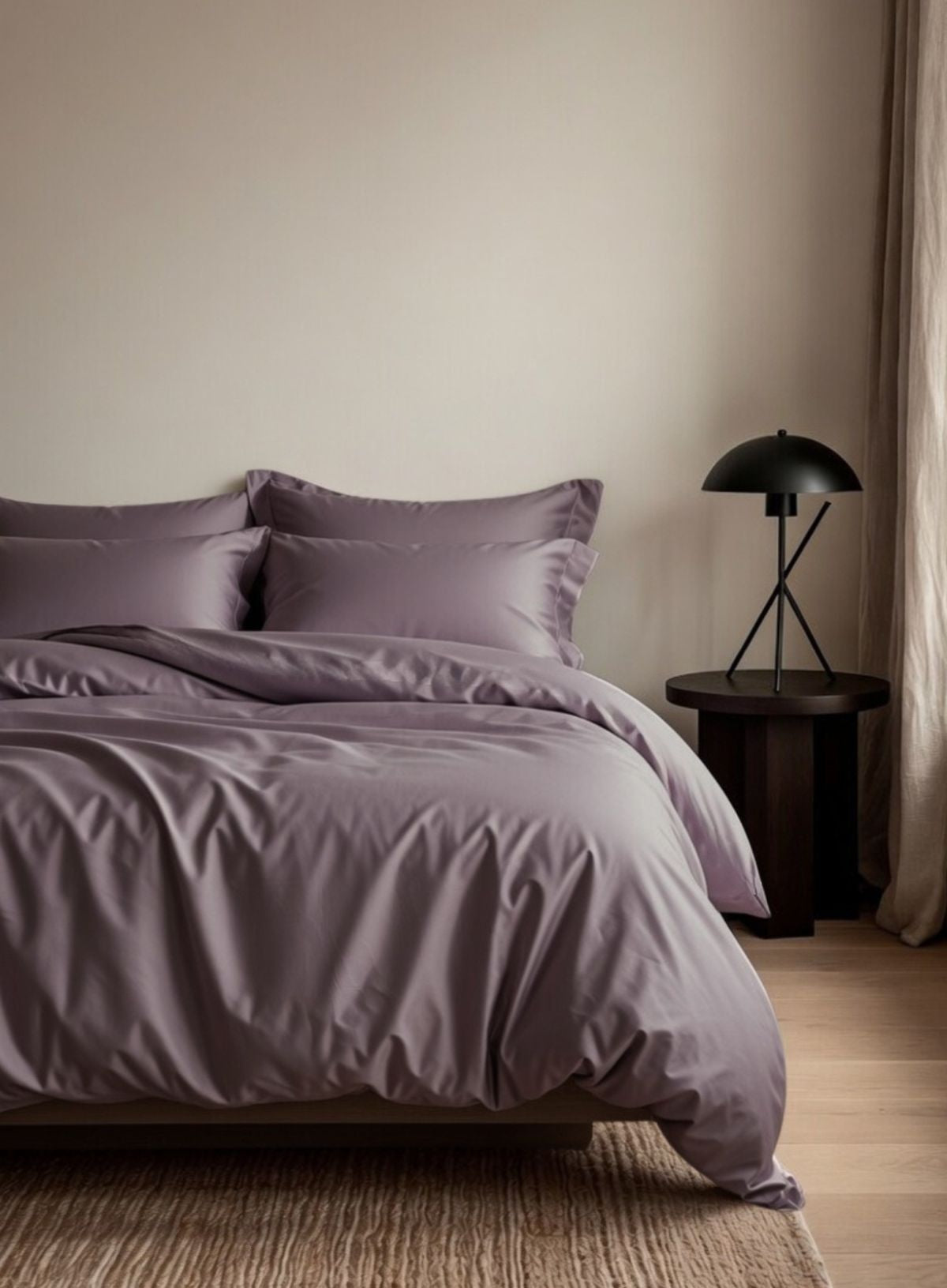 Bed with purple bedding in a room with a lamp and neutral walls and house of mnarch plum duvet cover