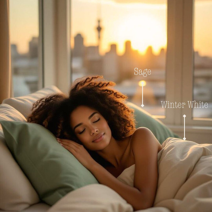 Sage and Winter White luxury organic duvet cover and pillowcases and woman asleep by House of March